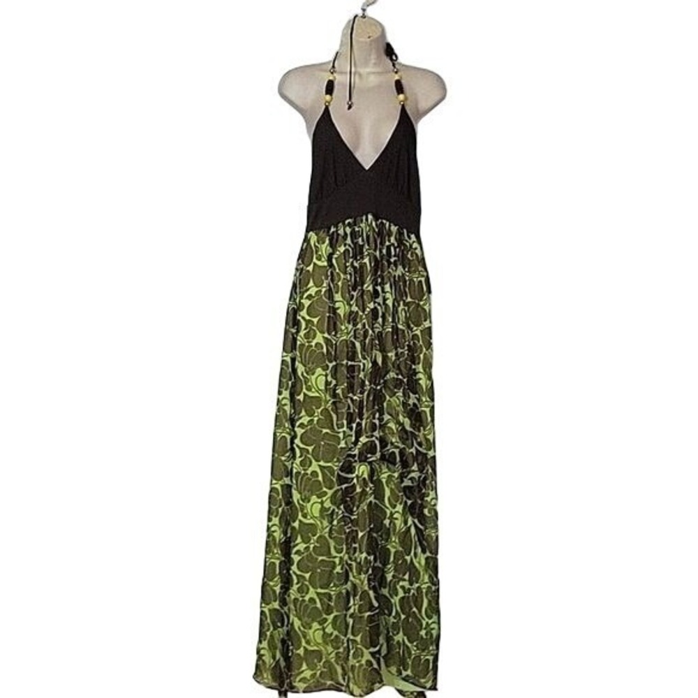 MILLY Halter Maxi Dress Green Floral Print‎ Beaded Neckline Flowy Summer Dress M